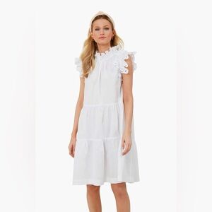 Sea New York White Linen Cotton Lee Eyelet Ruffle Trim Tiered Tunic Dress
